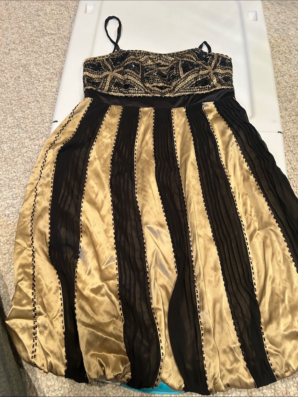 Strapless Black and Gold Evening Dress with Beaded Bodice